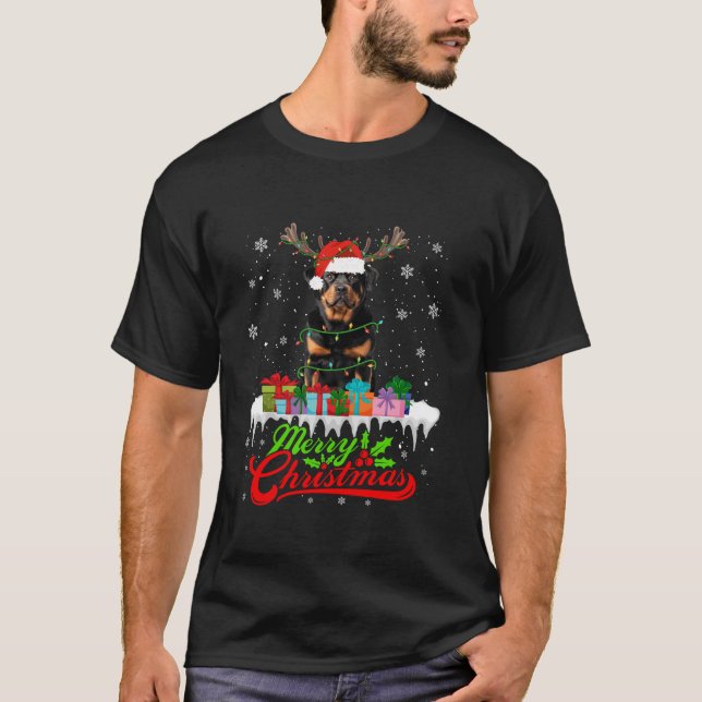 Camiseta Papais noeis Rottweiler Cachorros de Natal Luzes d (Frente)