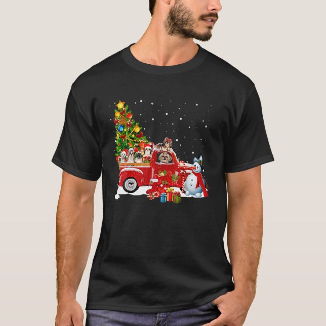 Camiseta Papais noeis Shih Tzu Ride Red Truck Natal Pajama  (Frente)
