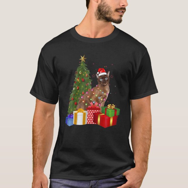 Camiseta Papais noeis Tonkinenses Árvore de Natal Gato Luz  (Frente)