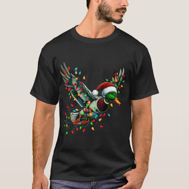 Camiseta Papais noeis Voadores Duck Com Luzes De Natal Caça (Frente)