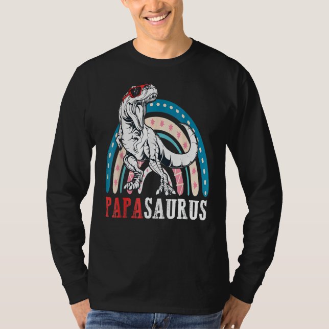 Camiseta Papasauro Rex Dinossaur Papa Saurus Rainbow Pai (Frente)