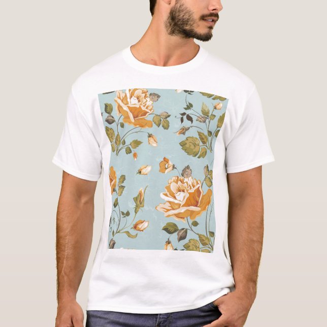 Camiseta Papel de Fundo Azul Rosas Amarelas (Frente)