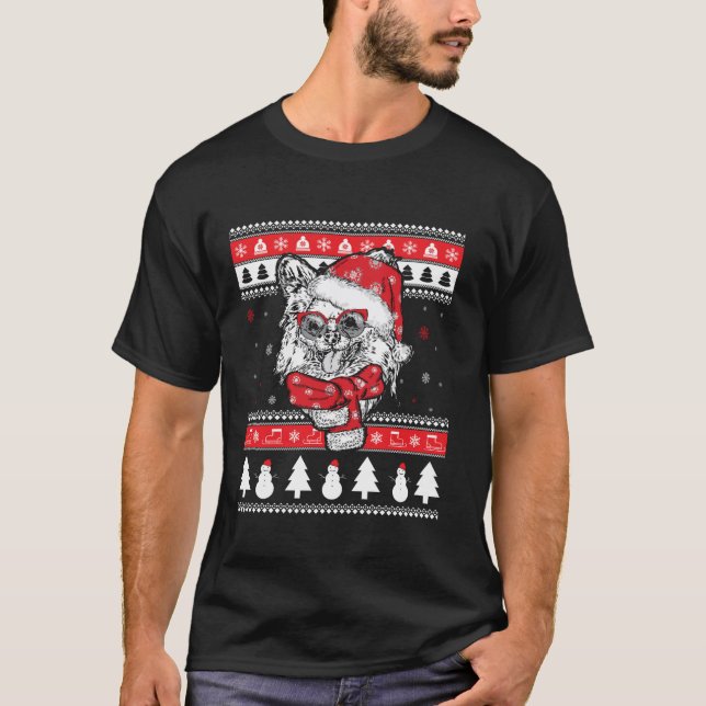 Camiseta Papillon Cachorro Engraçado Presente Feio de Natal (Frente)