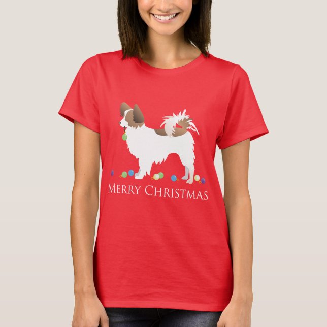 Camiseta Papillon Dog Felry Design de Natal (Frente)