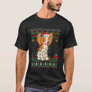 Camiseta Papillon Dog Papais noeis Luzes de Natal Feio Suor