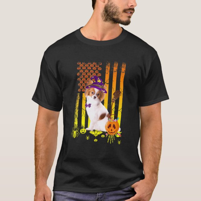 Camiseta Papillon Dog Pumpkin American Flag Halloween (Frente)