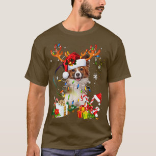 Camiseta Papillon Dog Reindeer Luzes de Natal