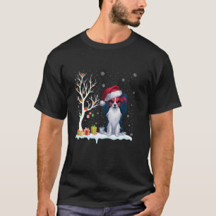 Camiseta Papillon Dog Santa Hat Festiva Árvore Festiva Chri