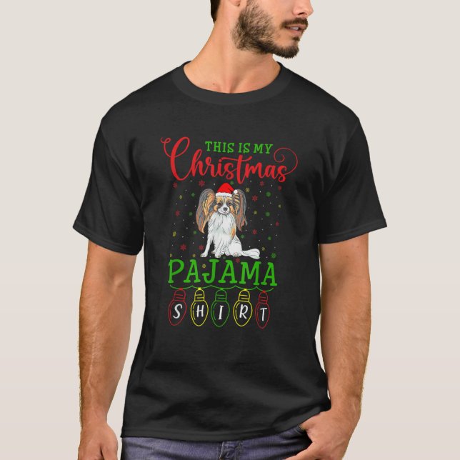 Camiseta Papillon Dog Santa Hat Light This is My Christmas  (Frente)