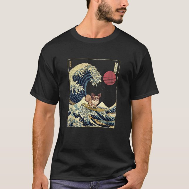 Camiseta Papillon Japanese Kanagawa Wave Funny Surf Dog  fo (Frente)