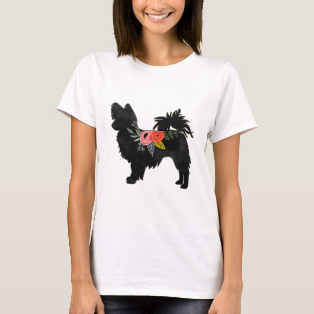Camiseta Papillon Toy Dog Breed Boho Floral Silhouette (Frente)