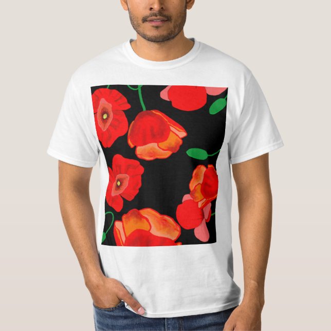 Camiseta Papoilas vermelhas na ilustração de fundo preto (Frente)