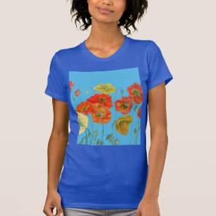 Camiseta Papoula Floral Laranja Vermelha Arte de Aquarela F