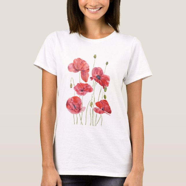 Camiseta papoula vermelha pintada à mão (Frente)