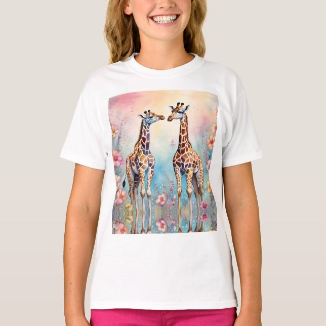 Camiseta Par de Girafas em Jardim Pastel (Frente)