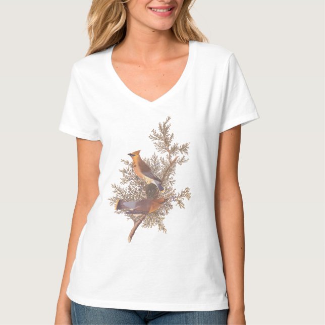 Camiseta Par de pássaro Cedar Waxwing de Audubon em Evergre (Frente)