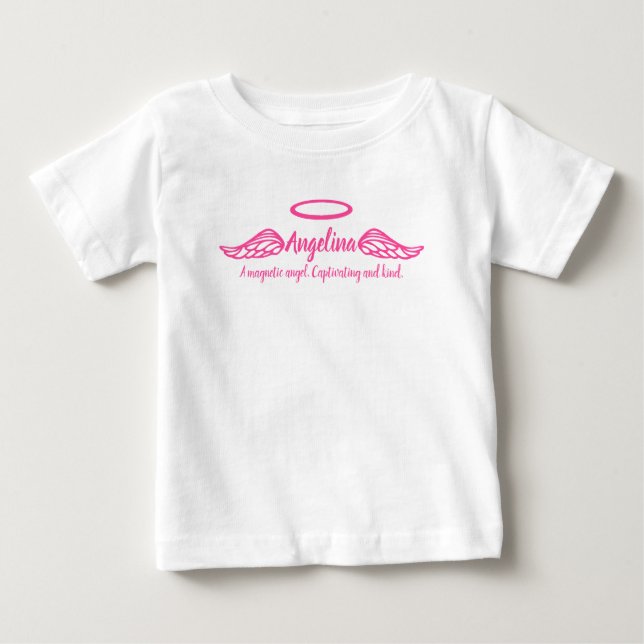 Camiseta Para Bebê Angelina dá nome e significa asas de anjo rosa (Frente)