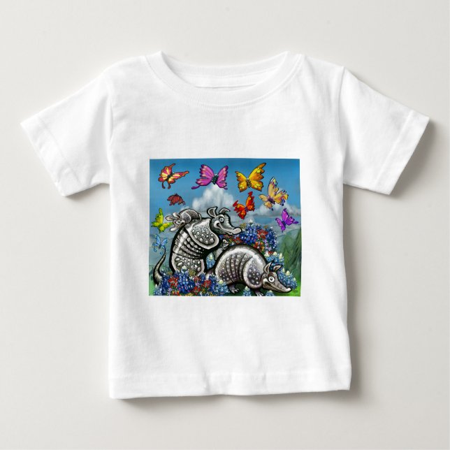 Camiseta Para Bebê Armadillos Bluebonnets Borboletas Flores selvagens (Frente)