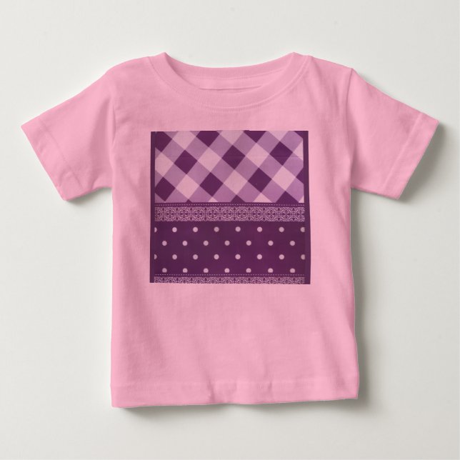 Camiseta Para Bebê Arte de Damasco Floral com Bolinhas branca púrpura (Frente)