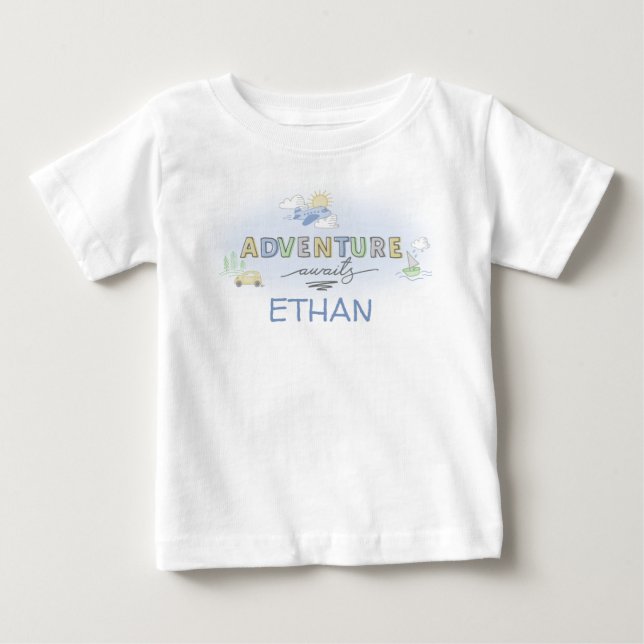 Camiseta Para Bebê Aventura Aguarda Personalização do Barco do Avião  (Frente)