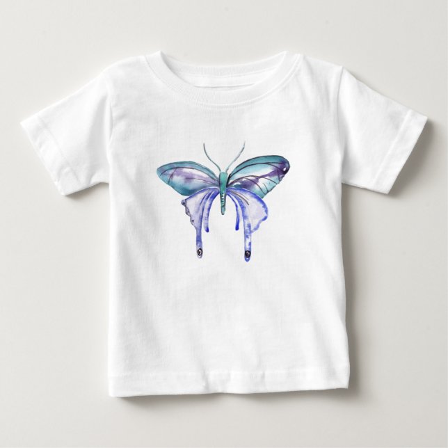 Camiseta Para Bebê Azul-aquarela Borboleta-roxa (Frente)