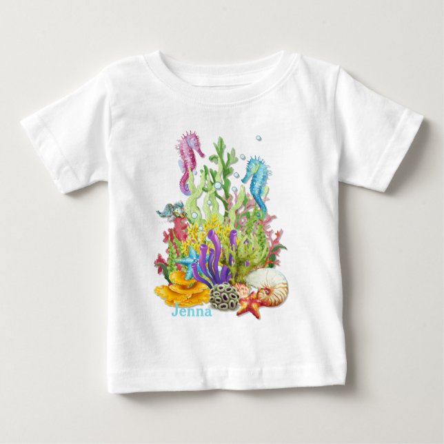 Camiseta Para Bebê Azul Tropical Sea Life (Frente)