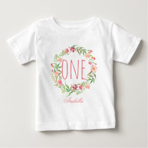 Camiseta Para Bebê Bebê-Bebê-Aniversário de Um Ano, Floral Wreath-5