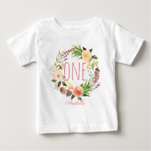 Camiseta Para Bebê Bebê-Bebê-Aniversário de Um Ano, Floral Wreath-5
