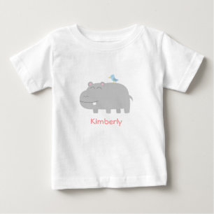Camiseta Para Bebê Bebê & Crianças: Hipopótamo Fofo com Pássaro Azul 