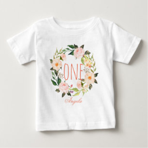 Camiseta Para Bebê Bebê de Aniversário de Um Ano Floral Wreath-2
