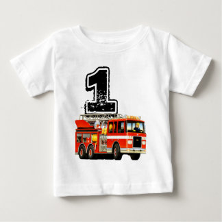 Camiseta Para Bebê Bebês, primeiro aniversario, Caminhão de Fogo Verm