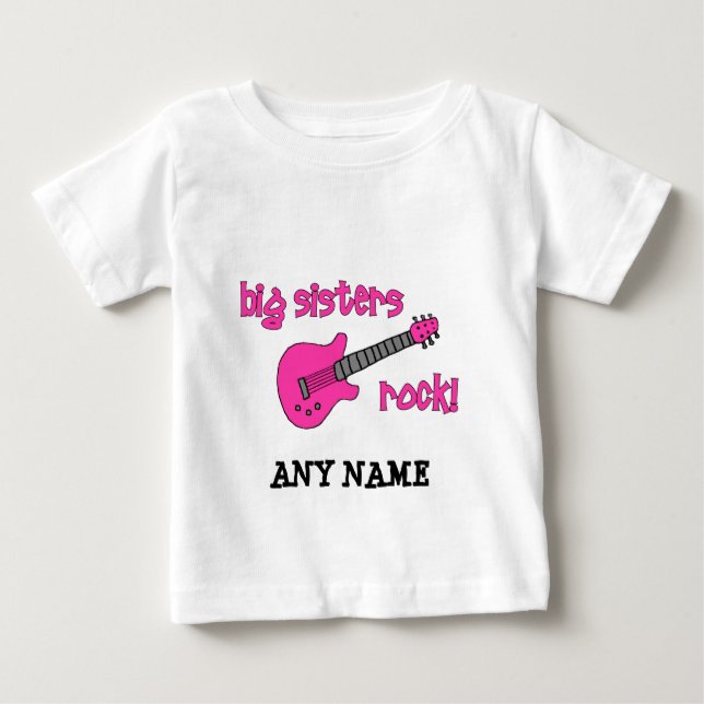 Camiseta Para Bebê Big Sisters Rock! Com Violão Rosa (Frente)
