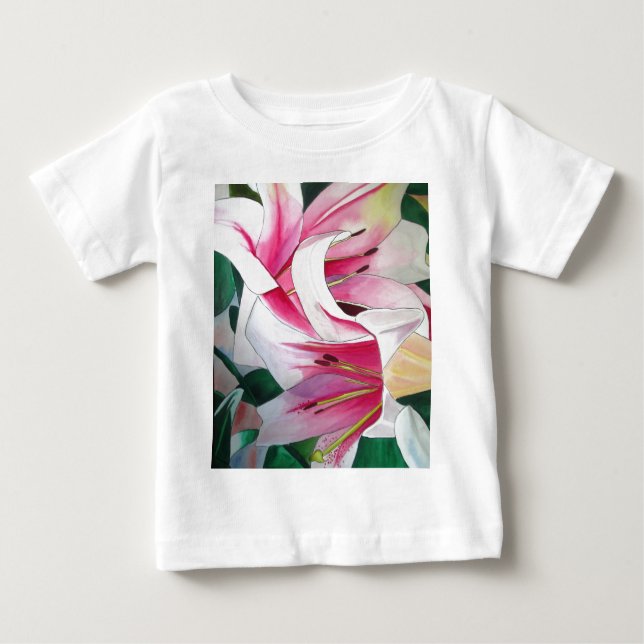 Camiseta Para Bebê Branca e cor-de-rosa, flor líbia (Frente)