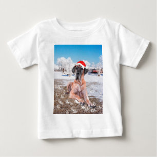 Camiseta Para Bebê Cachorro Bonito Sentado No Chapéu De Natal Da Neve