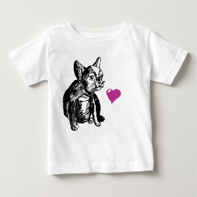Camiseta Para Bebê Cachorro Bulldog Coração Desenhando Toddler Pullov (Frente)