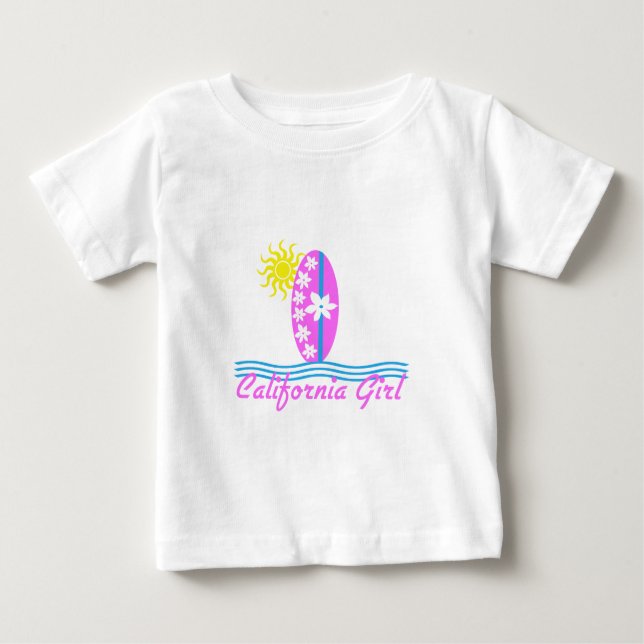 Camiseta Para Bebê California Girl Pink Surfboard W/Sun (Frente)