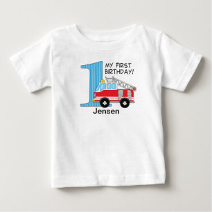 Camiseta Para Bebê Caminhão de Bombeiros Azul/Vermelho de 1º Aniversá