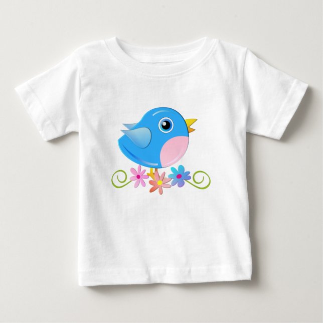 Camiseta Para Bebê Camiseta branca com pássaro bebê azul (Frente)
