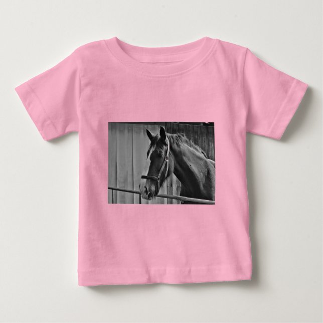 Camiseta Para Bebê Cavalo Branco Negro - Fotografia Animal (Frente)