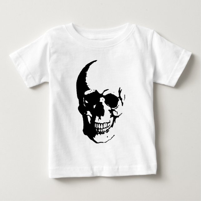 Camiseta Para Bebê Caveira - Arte Fantasia em Metal Preto e Branco (Frente)