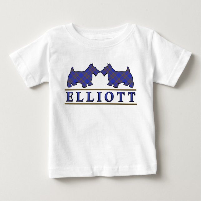 Camiseta Para Bebê Clan Elliott Scottie Dogs Scottish Clan Tartan (Frente)