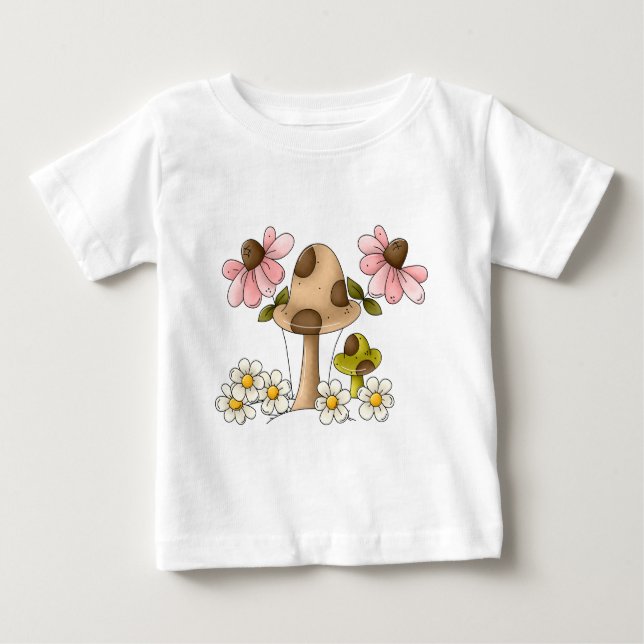 Camiseta Para Bebê Cogumelos e flores (Frente)