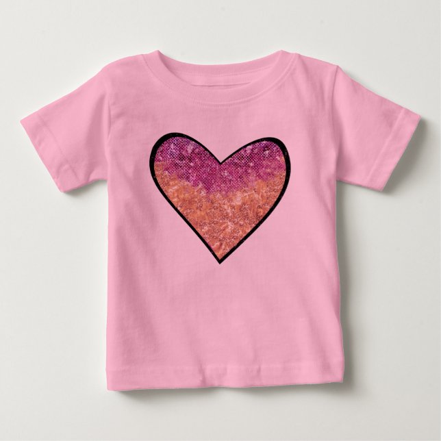 Camiseta Para Bebê Coração de Brilho Falso Rosa e Dourado (Frente)