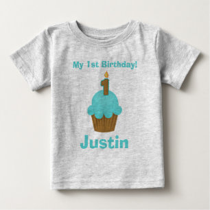 Camiseta Para Bebê Cupcake azul primeiro aniversario com a vela