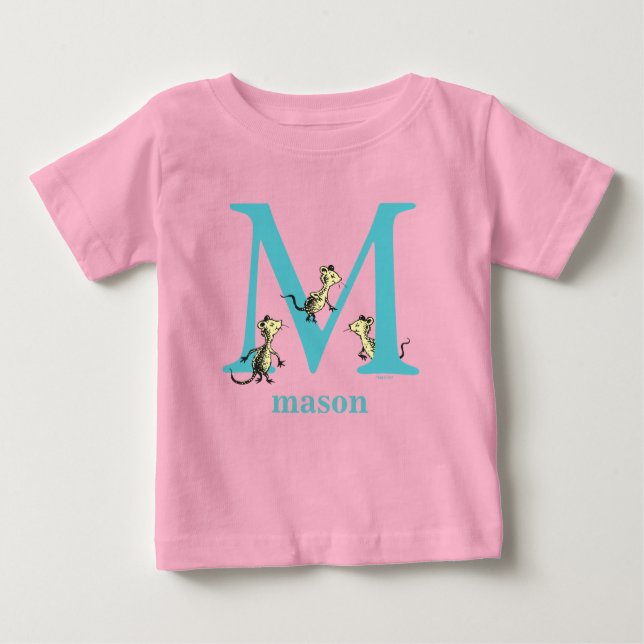 Camiseta Para Bebê Dr. Seuss ABC: Carta M - Teal | Adicione seu nome (Frente)