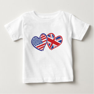 Camiseta Para Bebê Estados Unidos e Reino Unido Love Flag Hearts