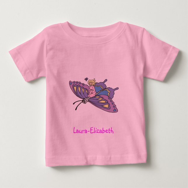 Camiseta Para Bebê Fada a rosa voando com borboleta (Frente)