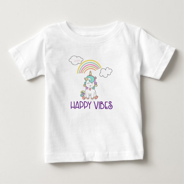 Camiseta Para Bebê Feliz Vibes Typografia Cute Smiling Unicorn (Frente)