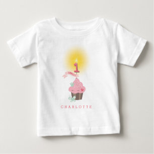 Camiseta Para Bebê Festa de 1º Aniversário da Menina do Cupcake Rosa