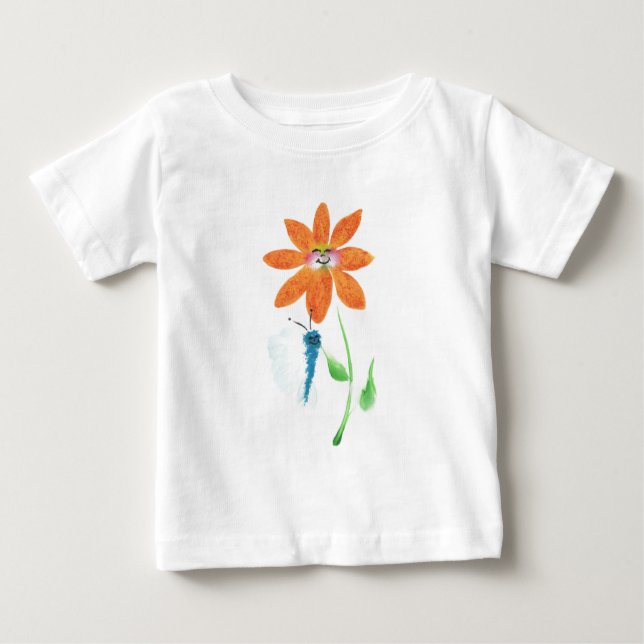 Camiseta Para Bebê Flor de desenho laranja com rosto (Frente)